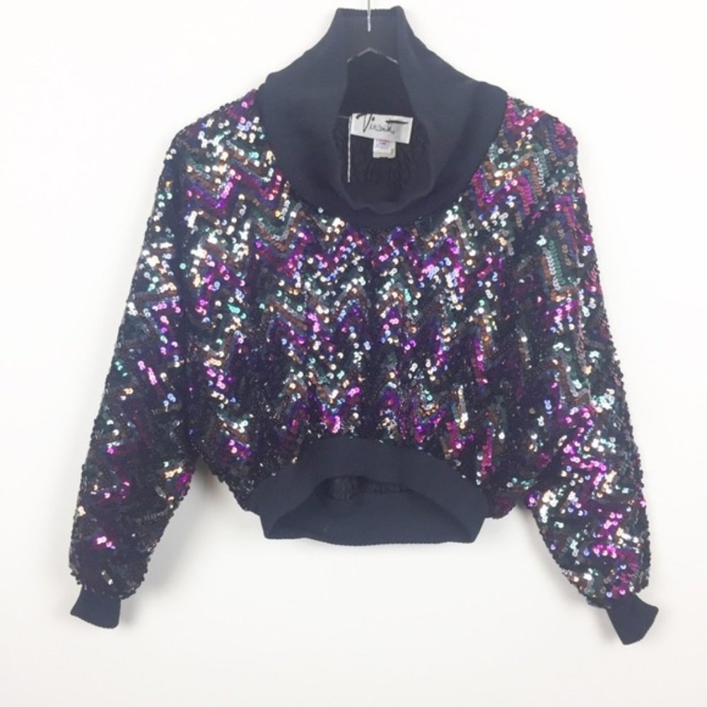 Vintage | Vincenti Rainbow Chevron Full Sequin Spangle Dolman Top - Picture 1 of 7